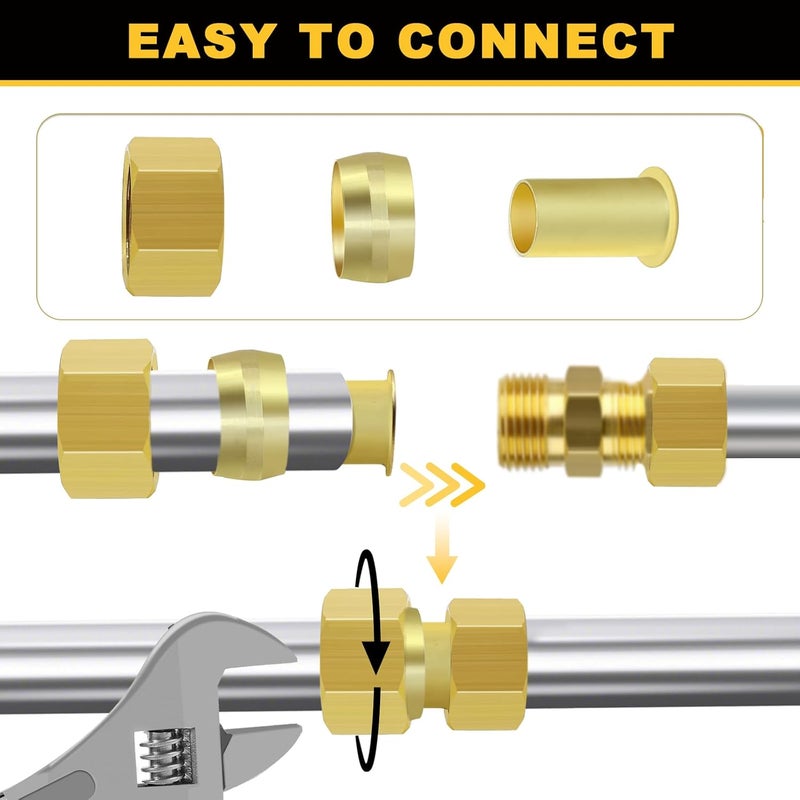 Siptenk 255PCS Brass Compression Sleeves Ferrules Inserts Nuts Fittings for Tube OD 1/2" 3/8" 5/16" 1/4" 3/16" 1/8", 6 Sizes Hose Compression Fitting Brass Ferrule Kit - Image 4